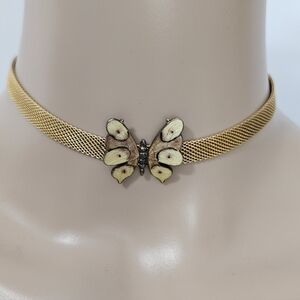 Gold Tone Mesh Choker Necklace Butterfly Pendant Adjustable
